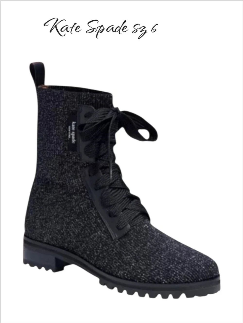 Kate Spade Meringue Black Glitter Knit Combat Boots Lug Sole Size 6 NEW